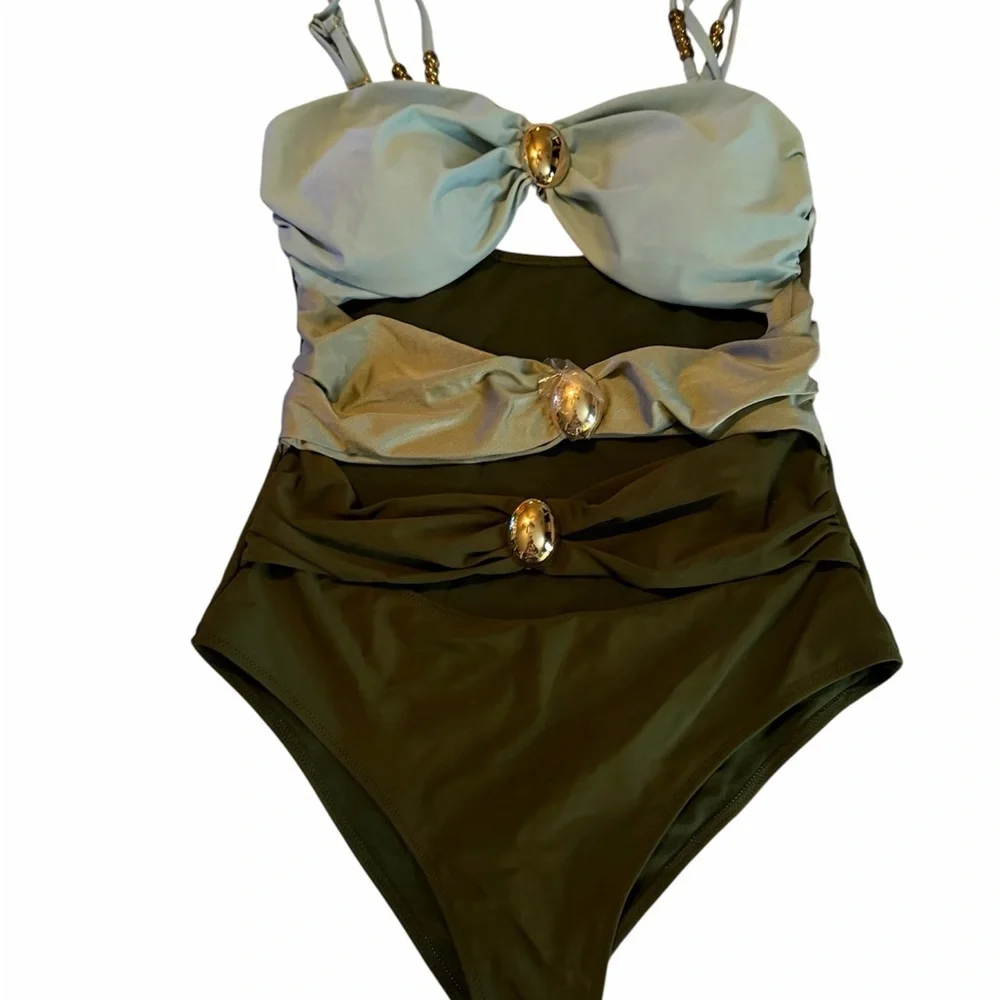 Colorblock Cutout One-Piece Swimsuit with Gold Accents